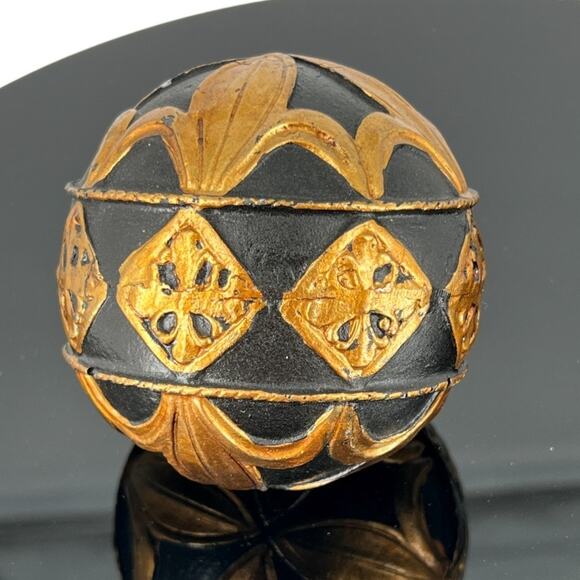 Ornate Black & Gold Decorative Sphere Ball Intricate Vintage Accent - Picture 4 of 6